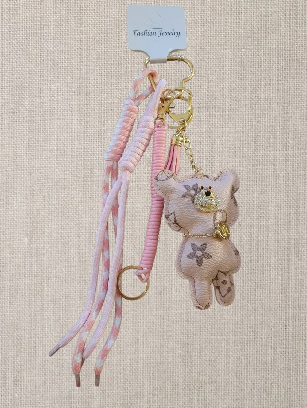 Fashion Jewelry Pink Teddy Bear Tassel Keychain with Gold Hardware